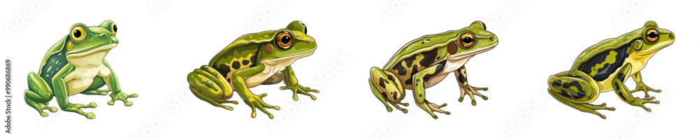 Obraz premium Vector illustration of four green frogs in various poses, ideal for nature, wildlife, and amphibian-themed designs.