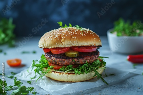 Plant based burger on a light surface with a navy backdrop Prepared for consumption photo