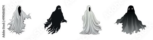 Vector illustration of four ghost figures in different forms, perfect for Halloween, spooky, and horror themes.