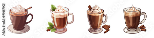Vector illustration of four cups of hot chocolate topped with whipped cream and garnishes, ideal for cozy, food, and beverage themes.