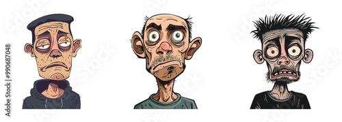 Vector illustration of three unique male characters with bizarre and exaggerated expressions, ideal for comic, caricature, and humorous themes.