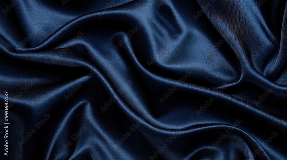 Luxurious dark blue silky fabric with soft, flowing folds, showcasing a lavish and elegant texture that evokes feelings of sophistication and richness in its smooth surface. Luxurious dark blue silky fabric with soft, flowing folds, showcasing a lavish and elegant texture that evokes feelings of sophistication and richness in its smooth surface.