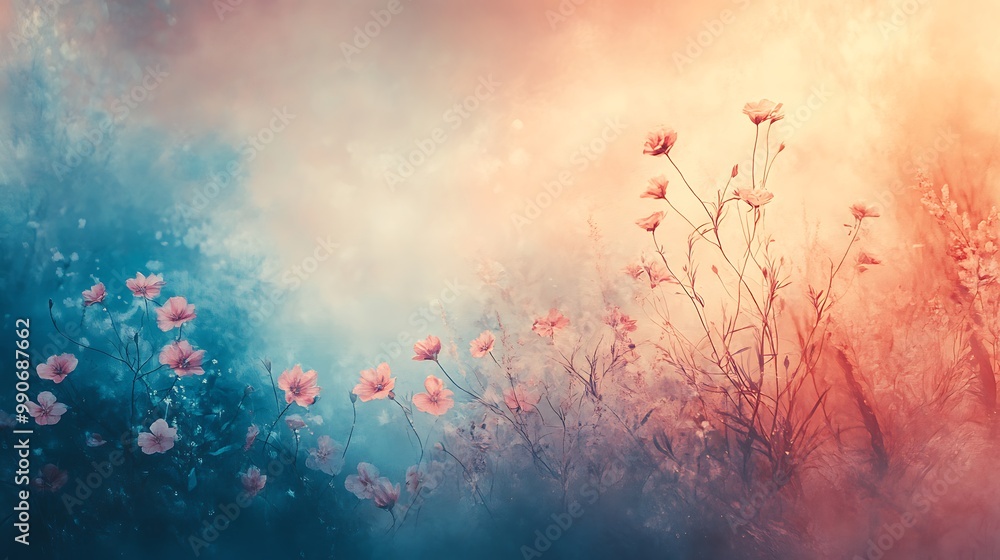 Abstract Floral Background with Pink Flowers and Blue and Orange Hues Abstract Floral Background with Pink Flowers and Blue and Orange Hues