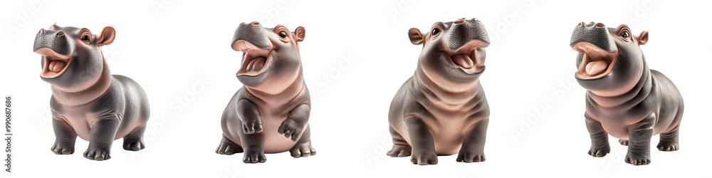 Hippos laughing, white isolate background