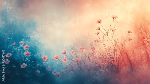 Abstract Floral Background with Pink Flowers and Blue and Orange Hues