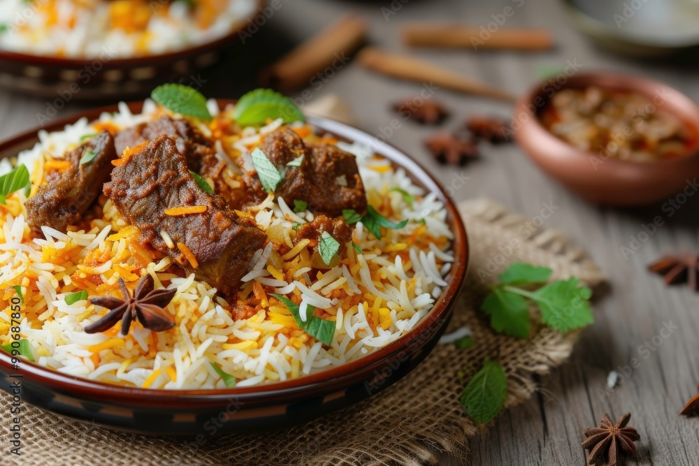 Meat and biryani dish in black bowl suitable for food blogs, restaurant menus, recipe books, food magazines, ethnic cuisine websites. Generative AI Meat and biryani dish in black bowl suitable for food blogs, restaurant menus, recipe books, food magazines, ethnic cuisine websites. Generative AI