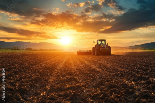 The tractor tills the field under a stunning sunset