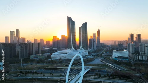 City landmark Nanjing Hexi sunrise twin towers 4K