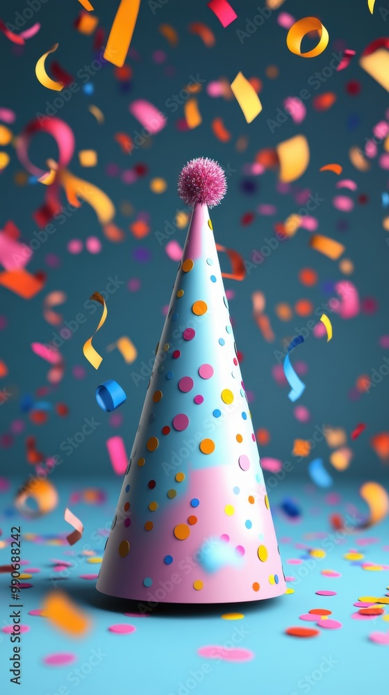 Colorful 3D Party Hat with Confetti and Streamers Colorful 3D Party Hat with Confetti and Streamers
