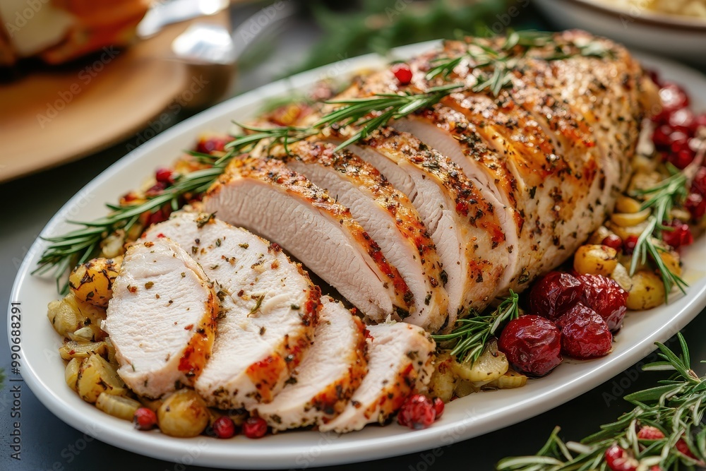Thinly sliced roasted turkey breast with accompaniments for a festive holiday dinner Thinly sliced roasted turkey breast with accompaniments for a festive holiday dinner