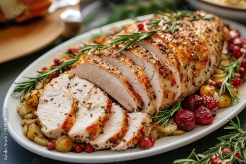 Thinly sliced roasted turkey breast with accompaniments for a festive holiday dinner
