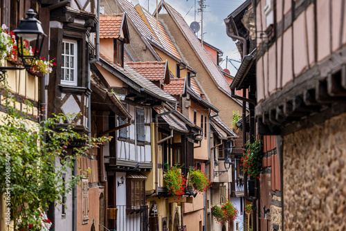 Old half-timbered houses in the historic medieval old town of Eguisheim in Alsace and on Alsace Wine Route, Haut-Rhin, Grand Est, France, Europe