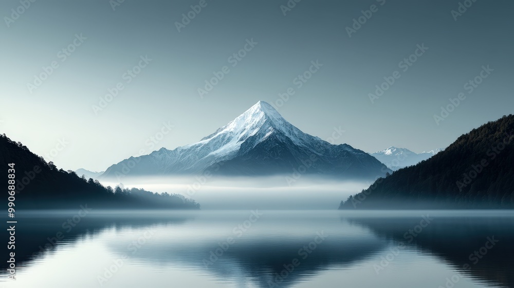 This stunning image shows a majestic snow-capped mountain towering over a crystal-clear lake, with mist floating gently on the water, creating a mystical and serene environment. This stunning image shows a majestic snow-capped mountain towering over a crystal-clear lake, with mist floating gently on the water, creating a mystical and serene environment.