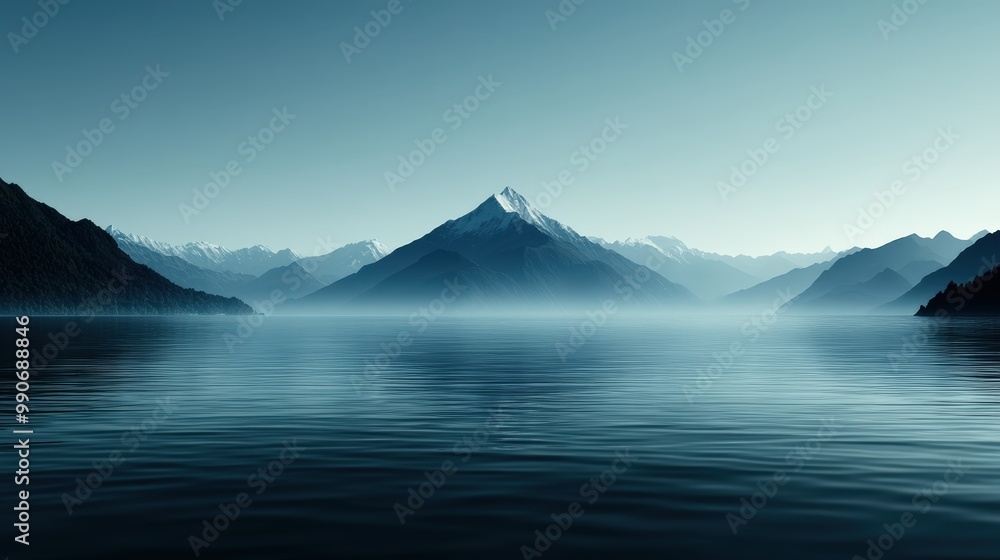 The image showcases a mountain surrounded by a serene lake, girded with fog, giving an ethereal and tranquil feeling, perfect for reflecting and finding peace. The image showcases a mountain surrounded by a serene lake, girded with fog, giving an ethereal and tranquil feeling, perfect for reflecting and finding peace.