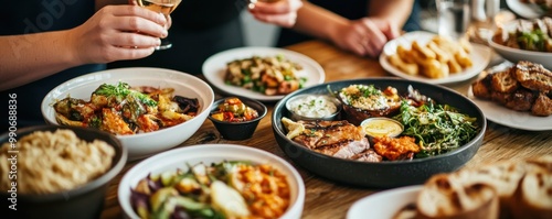 A vibrant gathering of delicious dishes featuring salads, meats, and beverages, perfect for sharing and celebrating with friends.