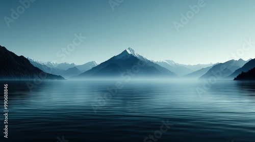 The image showcases a mountain surrounded by a serene lake, girded with fog, giving an ethereal and tranquil feeling, perfect for reflecting and finding peace.