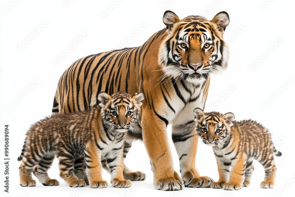 Tiger with her cubs against a white backdrop Tiger with her cubs against a white backdrop