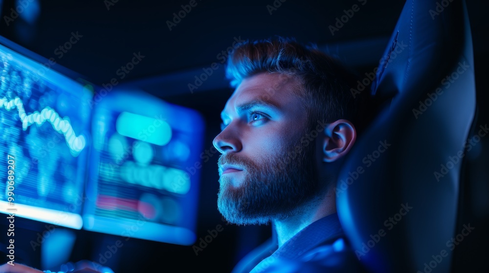 A focused man in his thirties engages with stock market analysis at his gaming PC in a dark space A focused man in his thirties engages with stock market analysis at his gaming PC in a dark space
