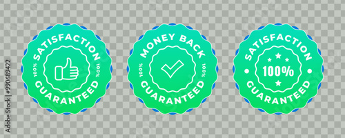 Three green and blue circular seals with satisfaction, money back and 100% guaranteed text