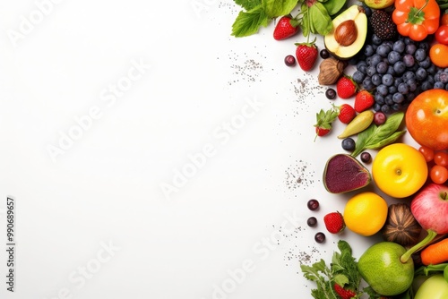 Fruits and vegetables on a white background, promoting a healthy lifestyle with fresh and colorful produce. Suitable for food and health related designs. Generative AI