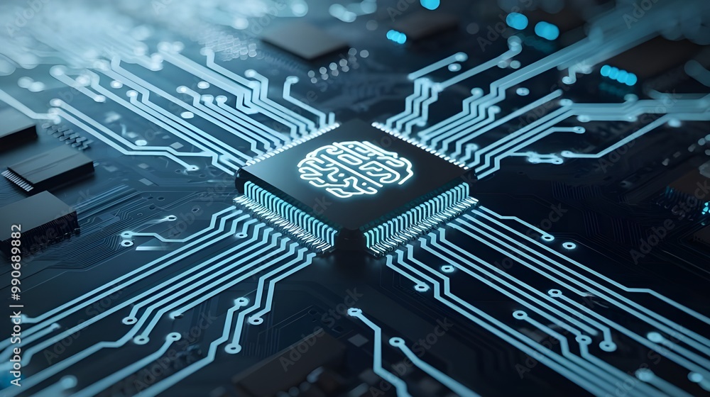 microchip with brain icon on it embedded in a circuit board representing the chip as the brain of a computer microchip with brain icon on it embedded in a circuit board representing the chip as the brain of a computer