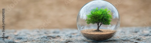 A vibrant green tree encapsulated in a glass globe, symbolizing environmental protection and the beauty of nature. photo