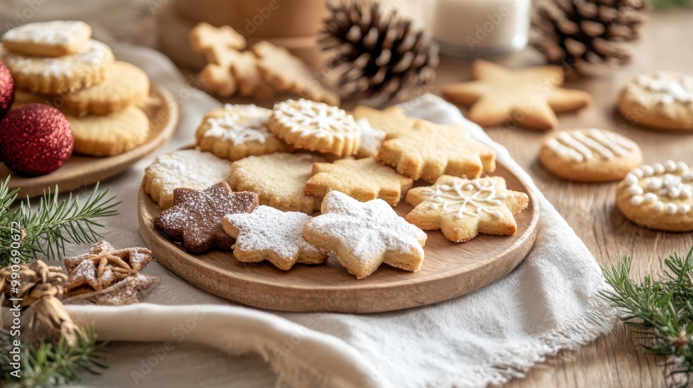 Organic Christmas cookies with a rustic look, dusted with powdered sugar and set on a wooden table with rosemary sprigs and wooden decor. Christmas cookies Organic Christmas cookies with a rustic look, dusted with powdered sugar and set on a wooden table with rosemary sprigs and wooden decor. Christmas cookies