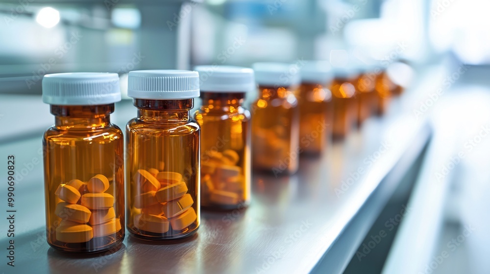 Rows of Amber Colored Medicine Bottles in a Laboratory Setting Rows of Amber Colored Medicine Bottles in a Laboratory Setting
