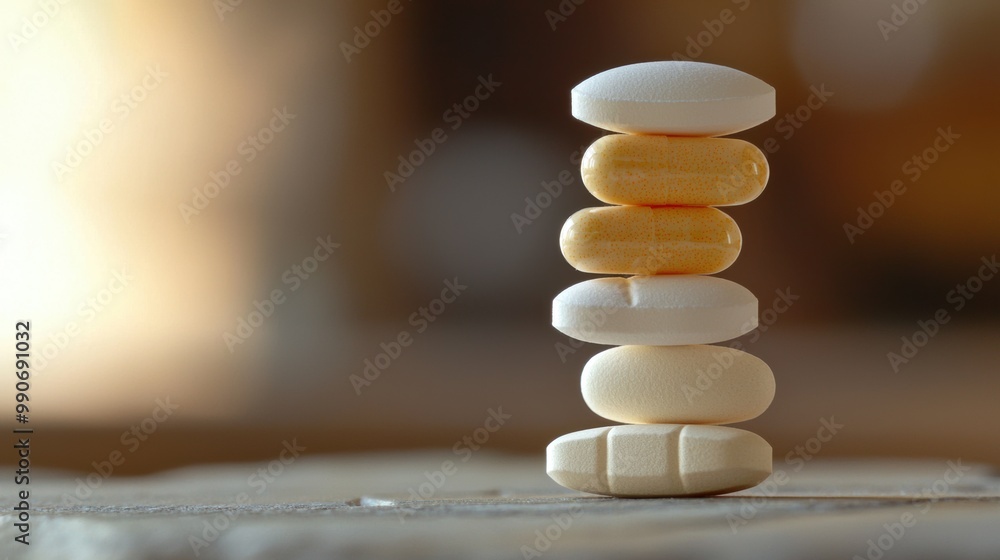 Obraz premium Balanced Tower of Wellness Supplements on Wooden Surface