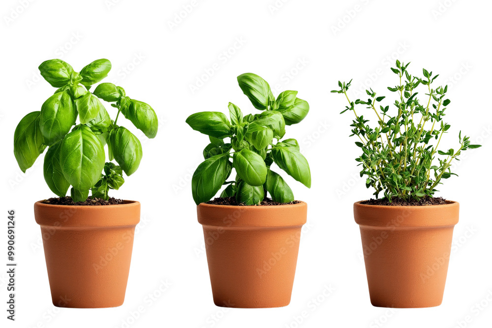 A set of small potted herbs, including basil, rosemary, and thyme, isolated on a transparent background, PNG file. A set of small potted herbs, including basil, rosemary, and thyme, isolated on a transparent background, PNG file.