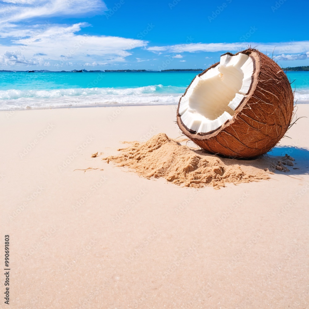 Coconut on exotic sand beach over sea landscape. Coconut on exotic sand beach over sea landscape.