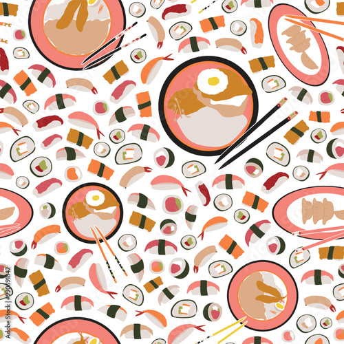 Japanese izakaya hand drawn seamless pattern with gyoza and other japanese cuisine favourites