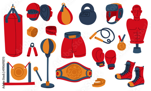 set of flat boxing accessories for training and fighting. Boxing gloves, gold belt, medal, shorts, punching bag. sports accessories in red, blue, yellow colors. Individual items on a white. victory