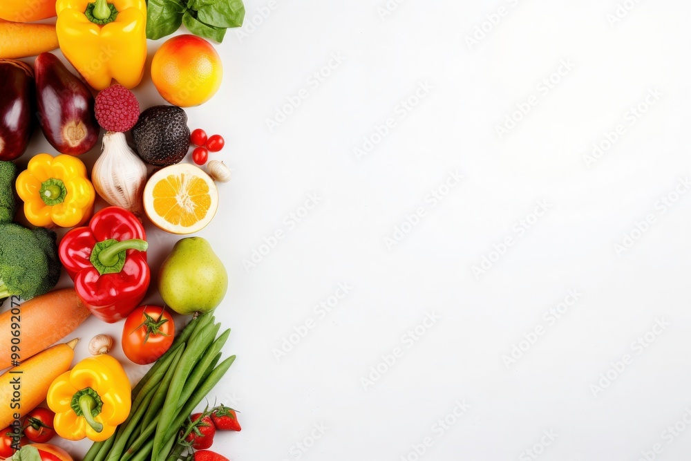 Fruits and vegetables on a white background, promoting a healthy lifestyle with fresh and colorful produce. Suitable for food and health related designs. Generative AI Fruits and vegetables on a white background, promoting a healthy lifestyle with fresh and colorful produce. Suitable for food and health related designs. Generative AI