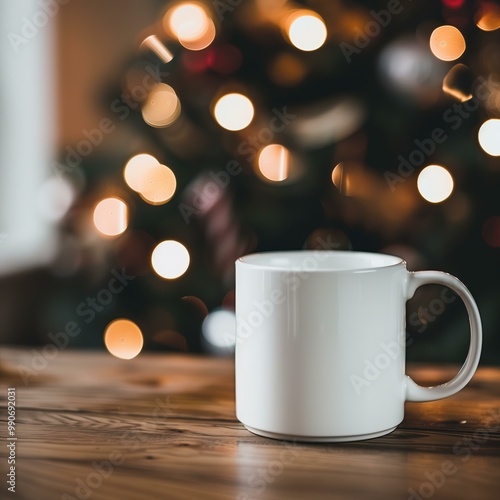 blank white mug on a table Christmas tree in background, design mockup, minimalist