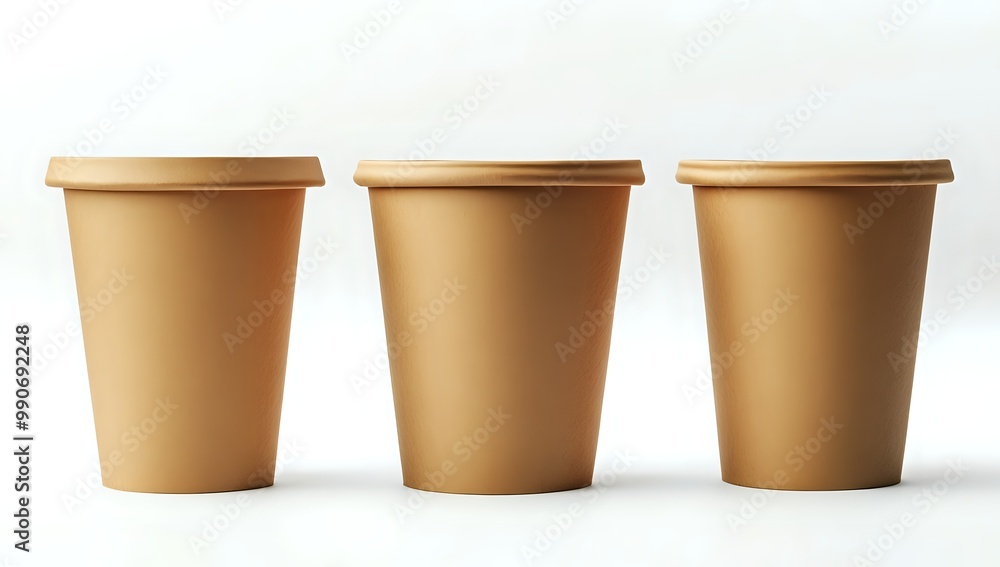 Three brown paper cups in a row on a white background. Three brown paper cups in a row on a white background.