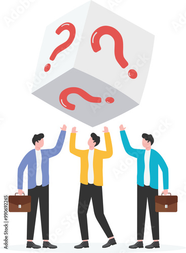 Guess and doubt, isometric businessman standing and thinking about things inside a box with question marks