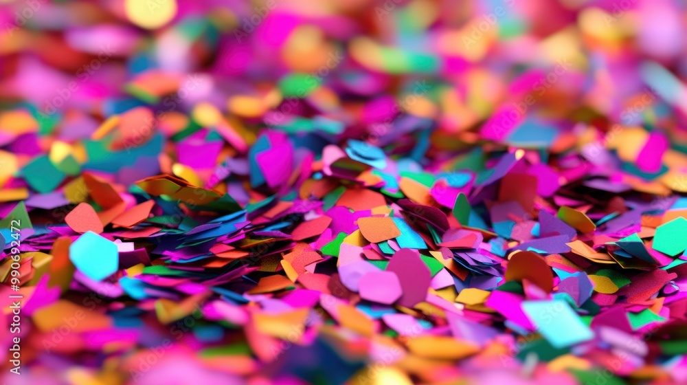 Fototapeta premium Colorful confetti in various shapes creates a joyful, vibrant display scattered across a surface, enhancing the celebratory mood