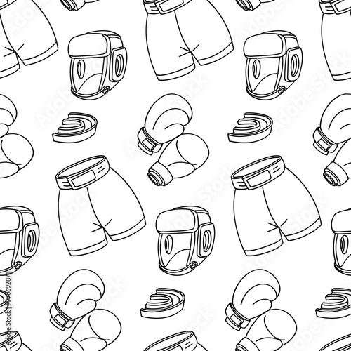 contour pattern of boxing accessories for training. Boxing gloves, helmet, mouth guard, shorts. Texture of sporting goods in black and white colors. Contoured seamless texture. Contrasting monochrome