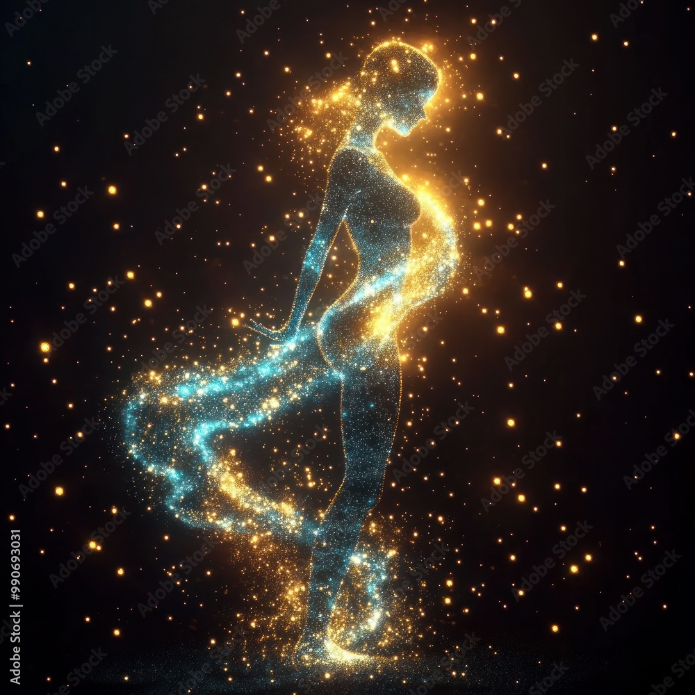 Luminous figure with flowing particles, glowing aura Luminous figure with flowing particles, glowing aura