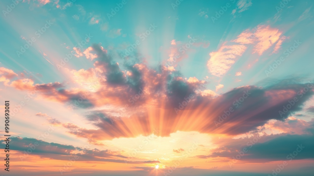 Fototapeta premium Colorful clouds illuminate the horizon as the sun sets, creating a breathtaking view in the evening sky