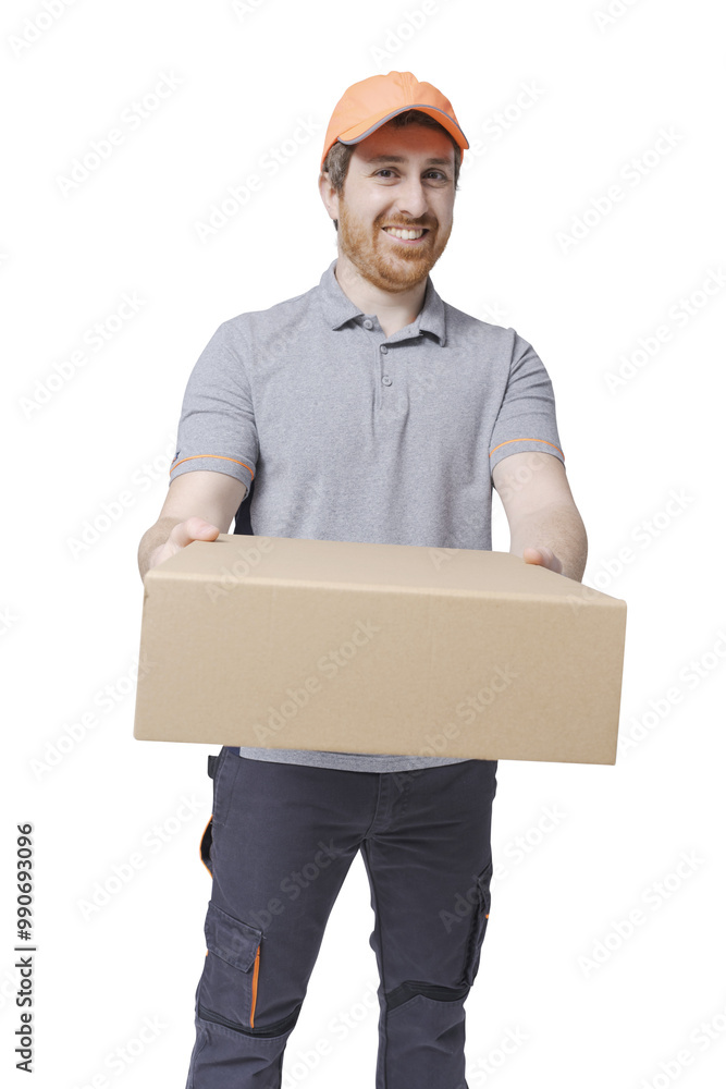 Smiling delivery man delivering a box Smiling delivery man delivering a box