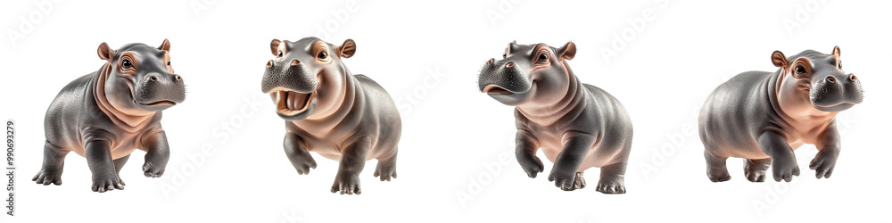 Obraz premium Hippo in various poses, white isolated background.