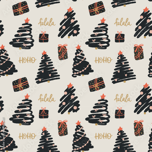 Pattern with stylized christmas trees and hand-lettered elements. Seamless vector pattern. New Year illustration.