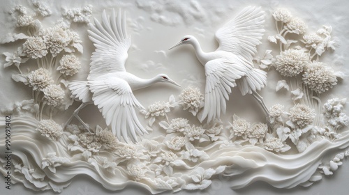 Two White Cranes in Flight, Sculpted in White