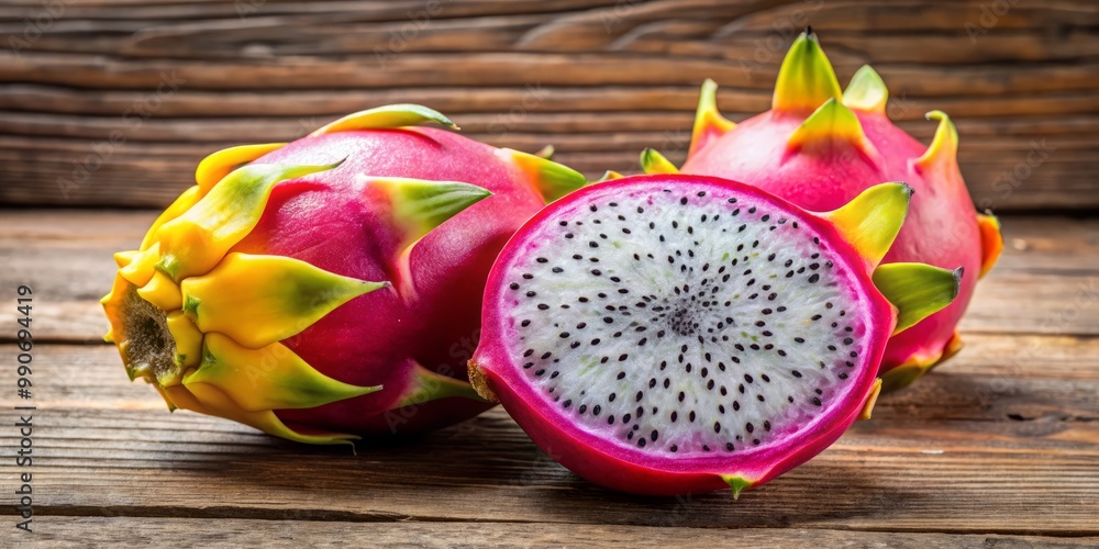 Exotic pink pitaya cactus fruit boasts yellow flesh and small black seeds, placed elegantly on a rustic wooden Exotic pink pitaya cactus fruit boasts yellow flesh and small black seeds, placed elegantly on a rustic wooden