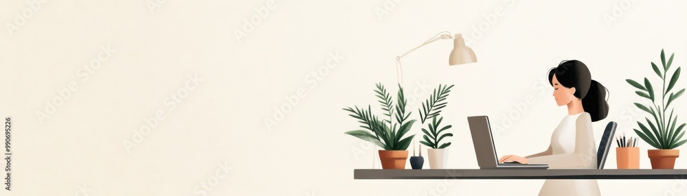 A woman working on a laptop in a bright, modern workspace filled with plants, creating an inspiring and serene atmosphere. A woman working on a laptop in a bright, modern workspace filled with plants, creating an inspiring and serene atmosphere.