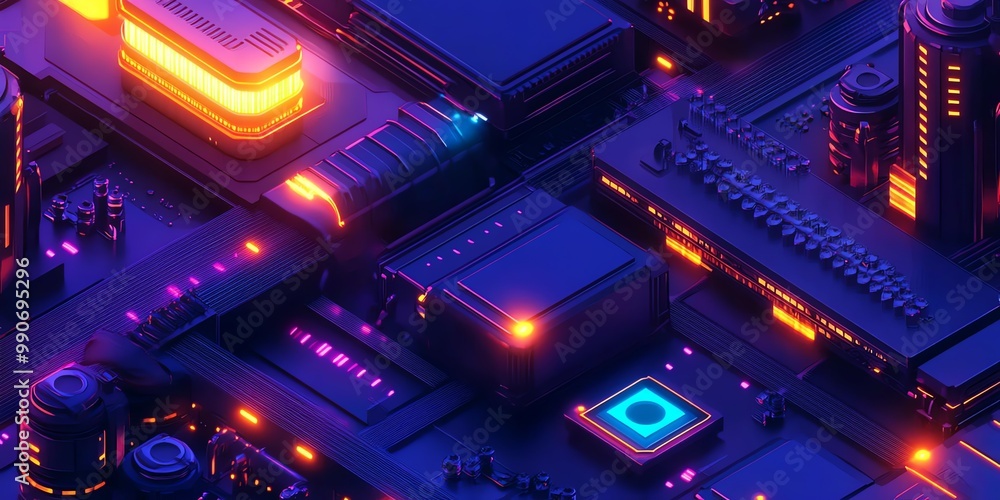 Abstract futuristic city made of glowing geometric shapes in a dark blue background. Abstract futuristic city made of glowing geometric shapes in a dark blue background.