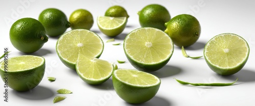 Green lime fruits with cut halfes on white photo