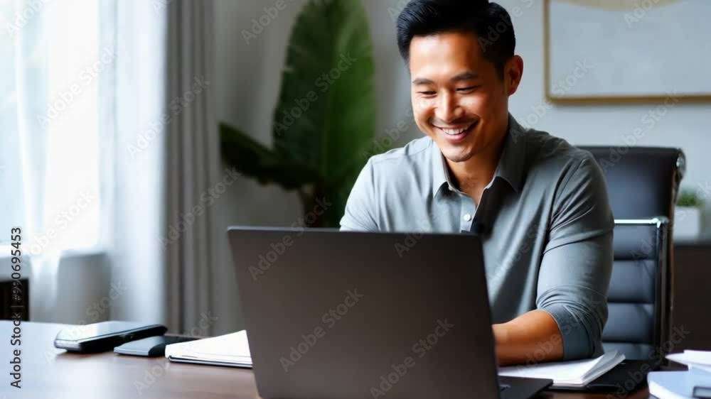 A successful and happy Asian man working remotely on his laptop, smiling as he reviews his plans and tasks, exuding a sense of accomplishment A successful and happy Asian man working remotely on his laptop, smiling as he reviews his plans and tasks, exuding a sense of accomplishment